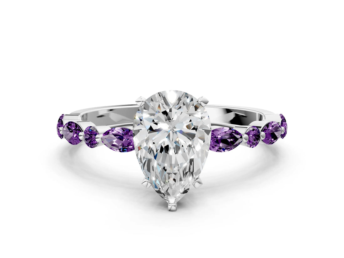 White gold Pear Cut Diamond Ring with Marquise and Round with Amethyst side stone Side Stones and Four-Prong Setting_24