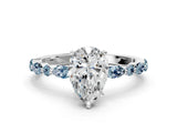 White gold Pear Cut Diamond Ring with Marquise and Round with Aquamarine side stone Side Stones and Four-Prong Setting_12