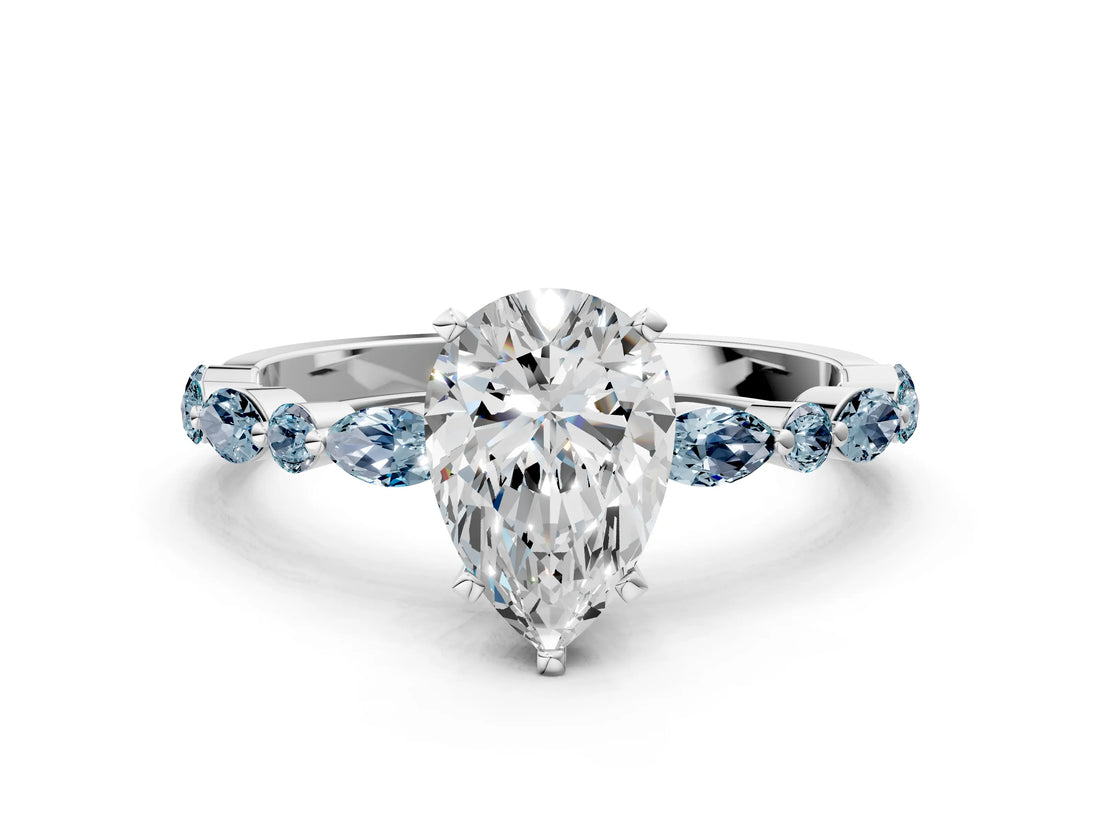 White gold Pear Cut Diamond Ring with Marquise and Round with Aquamarine side stone Side Stones and Four-Prong Setting_24
