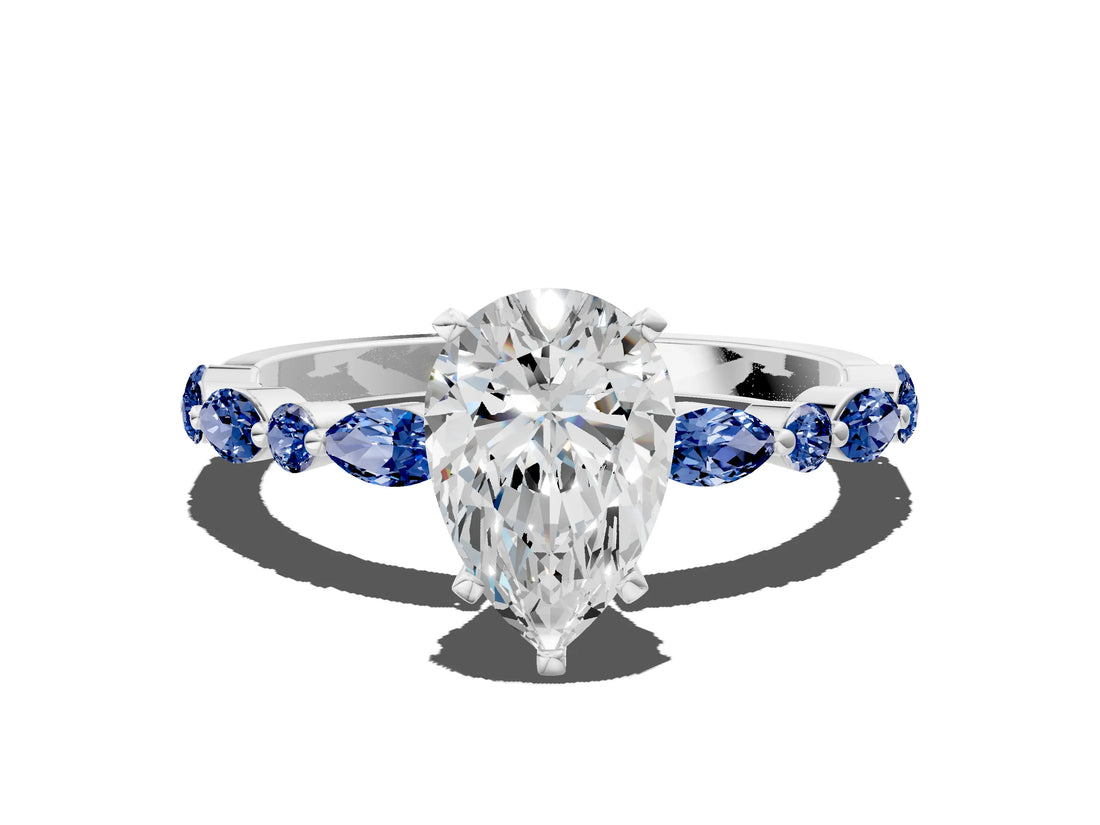 White gold Pear Cut Diamond Ring with Marquise and Round with Blue Sapphire side stone Side Stones and Four-Prong Setting_36