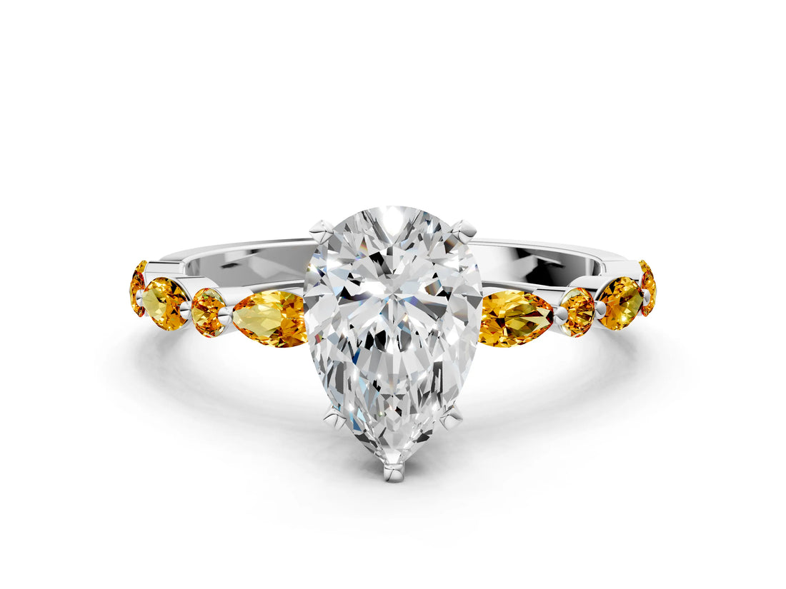 White gold Pear Cut Diamond Ring with Marquise and Round with Citrine side stone Side Stones and Four-Prong Setting_12