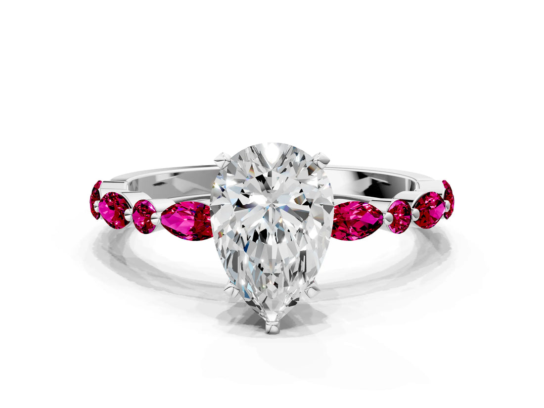 White gold Pear Cut Diamond Ring with Marquise and Round with Garnet side stone Side Stones and Four-Prong Setting_12