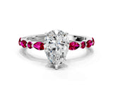 White gold Pear Cut Diamond Ring with Marquise and Round with Garnet side stone Side Stones and Four-Prong Setting_12