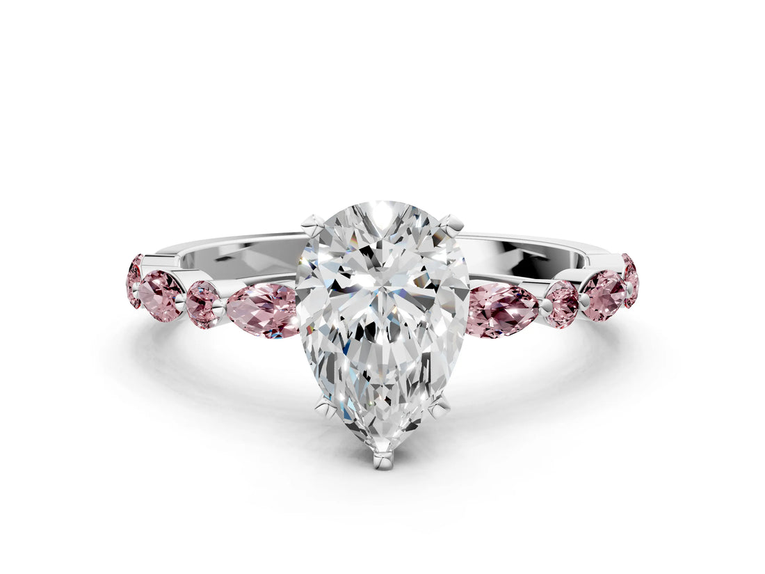 White gold Pear Cut Diamond Ring with Marquise and Round with Morganite side stone Side Stones and Four-Prong Setting_12