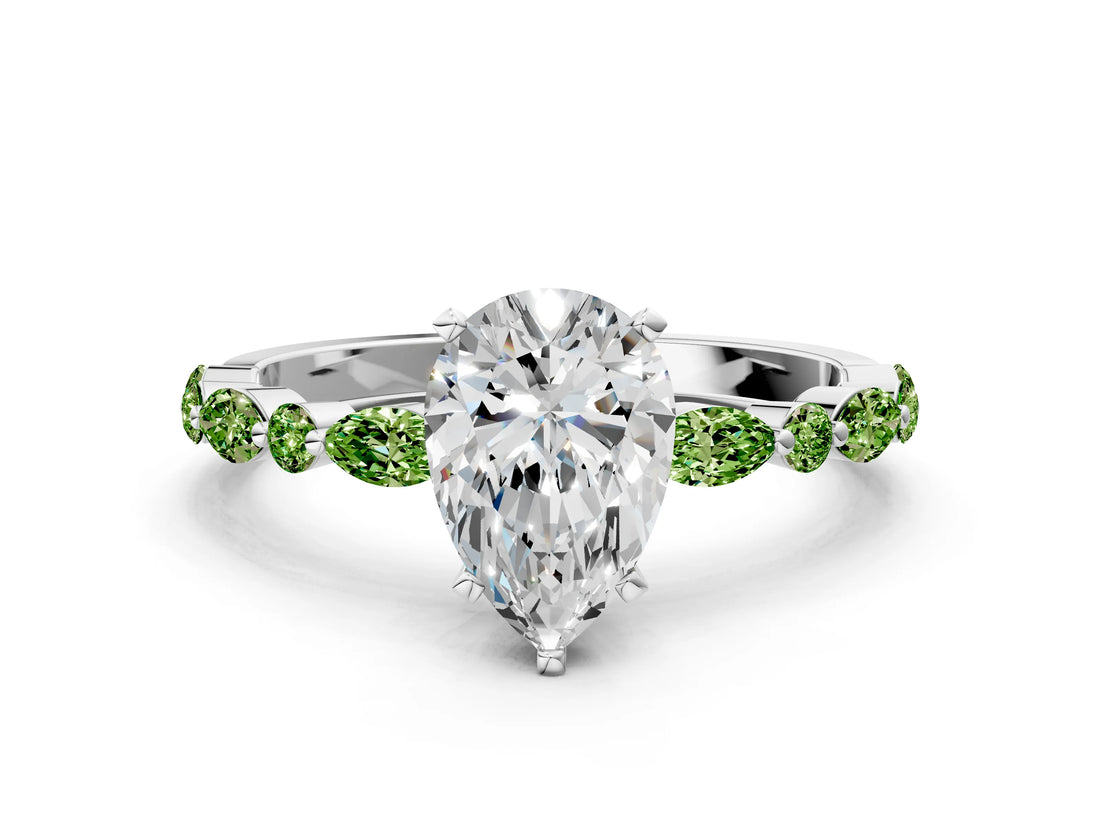 White gold Pear Cut Diamond Ring with Marquise and Round with Peridot side stone Side Stones and Four-Prong Setting_12
