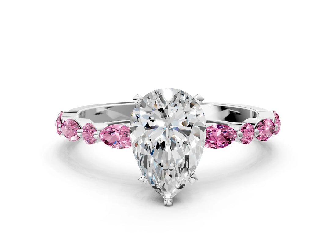 White gold Pear Cut Diamond Ring with Marquise and Round with Pink Sapphire side stone Side Stones and Four-Prong Setting_11