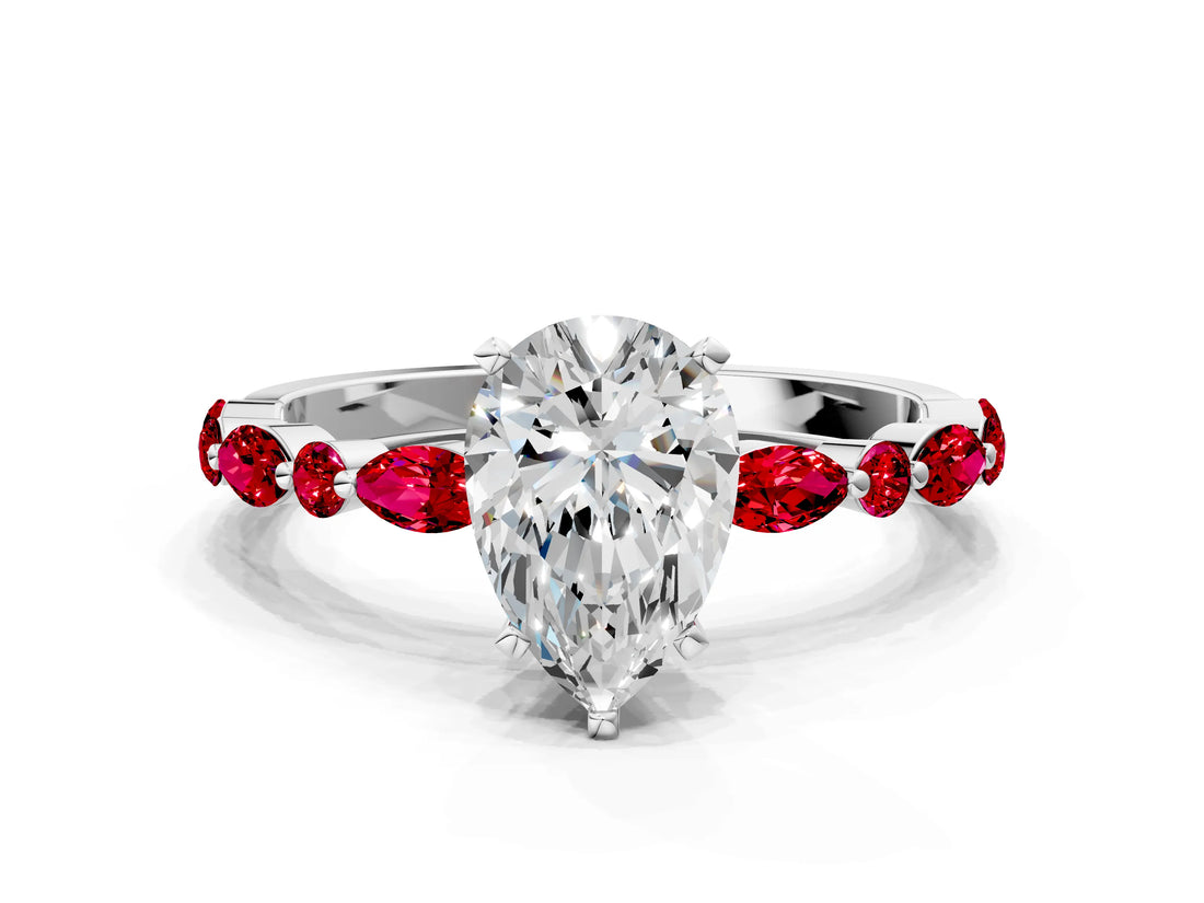 White gold Pear Cut Diamond Ring with Marquise and Round with Ruby side stone Side Stones and Four-Prong Setting_36