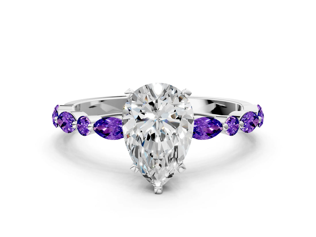 White gold Pear Cut Diamond Ring with Marquise and Round with Tanzanite side stone Side Stones and Four-Prong Setting_36
