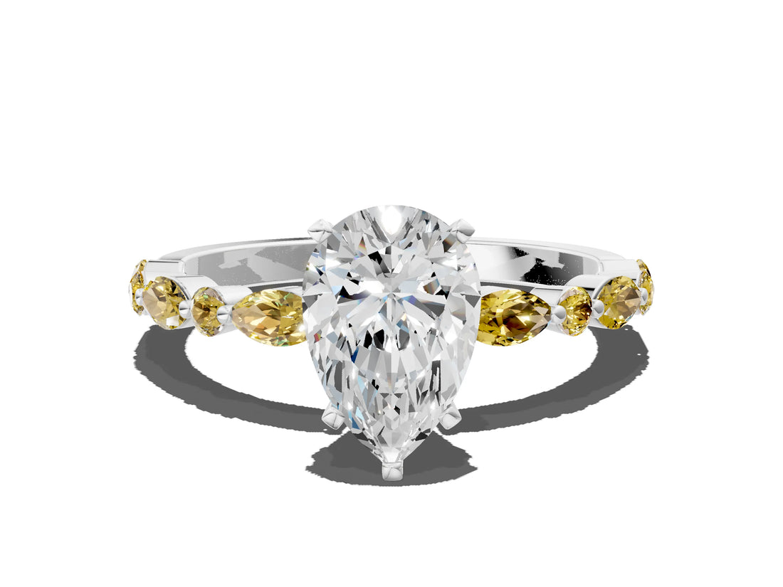 White gold Pear Cut Diamond Ring with Marquise and Round with Yellow Sapphire side stone Side Stones and Four-Prong Setting_24