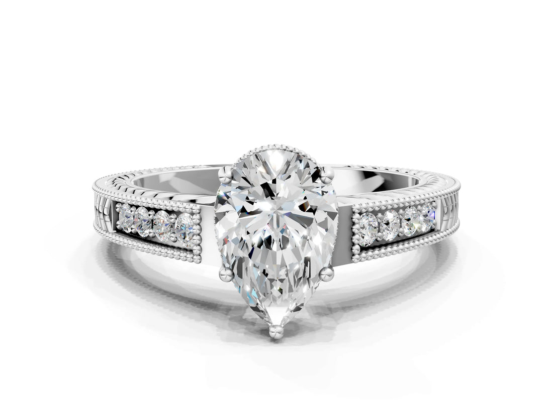 White gold Pear Cut Diamond Ring with Milgrain Pavé Band and Four-Prong Setting_38
