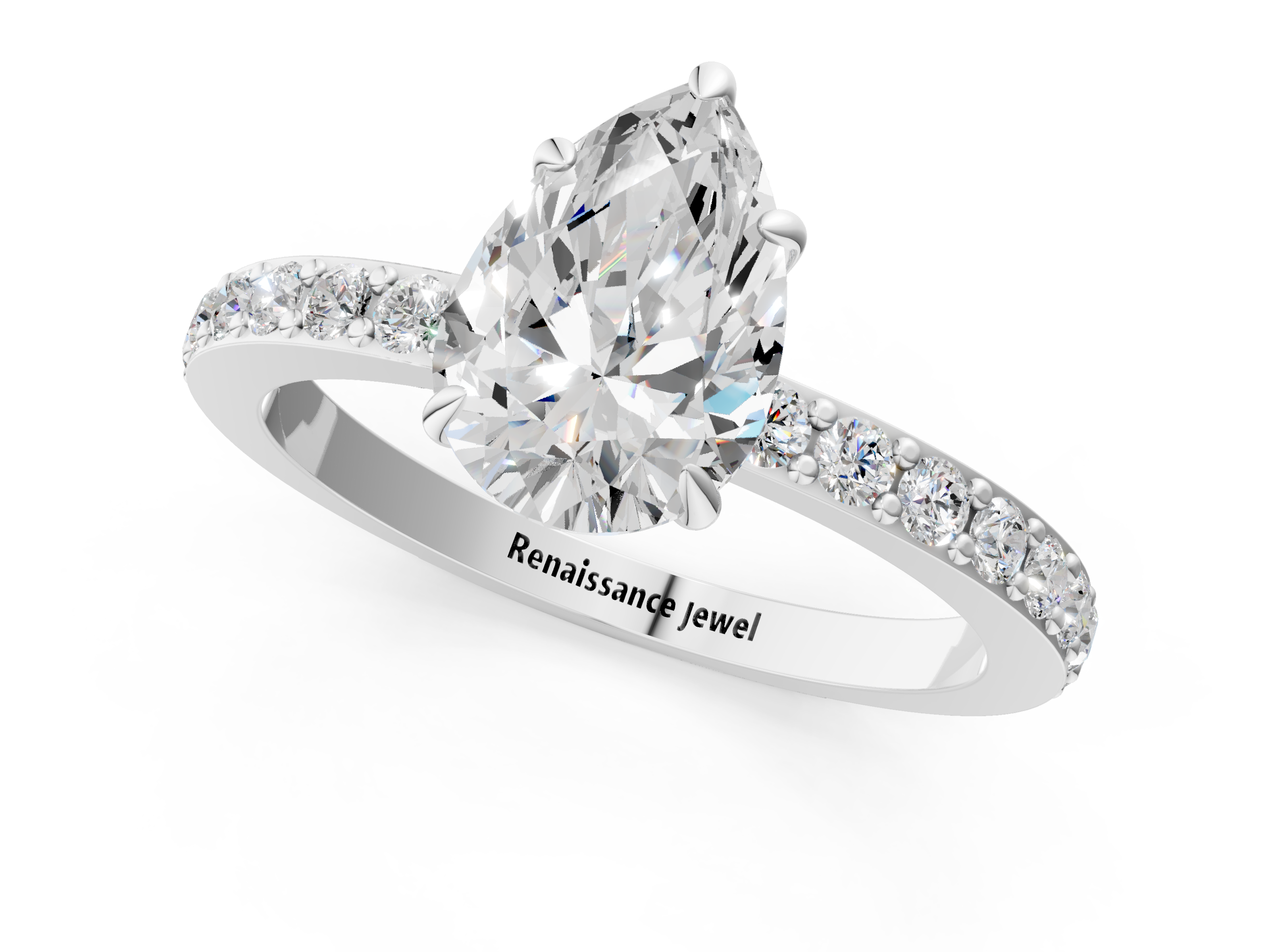 White gold Pear Cut Diamond Ring with Pavé Band and Four-Prong Setting_90
