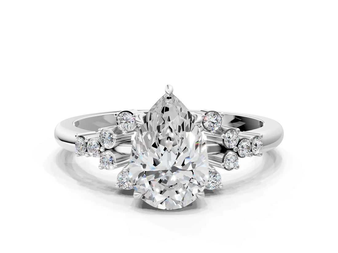 White gold Pear Cut Diamond Ring with Side Stones and Four-Prong Setting_137