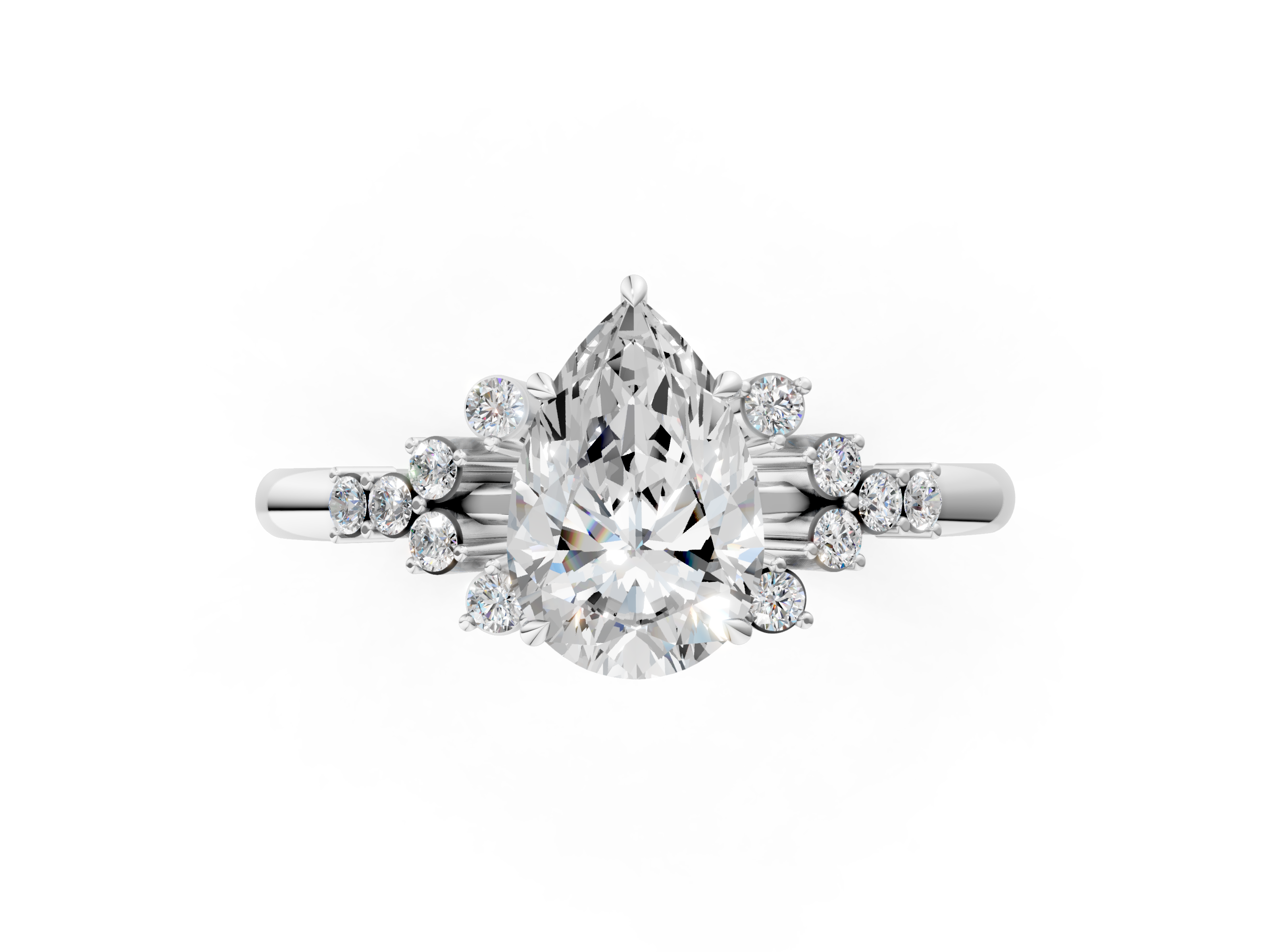 White gold Pear Cut Diamond Ring with Side Stones on a White Gold Band and Four-Prong Setting_20