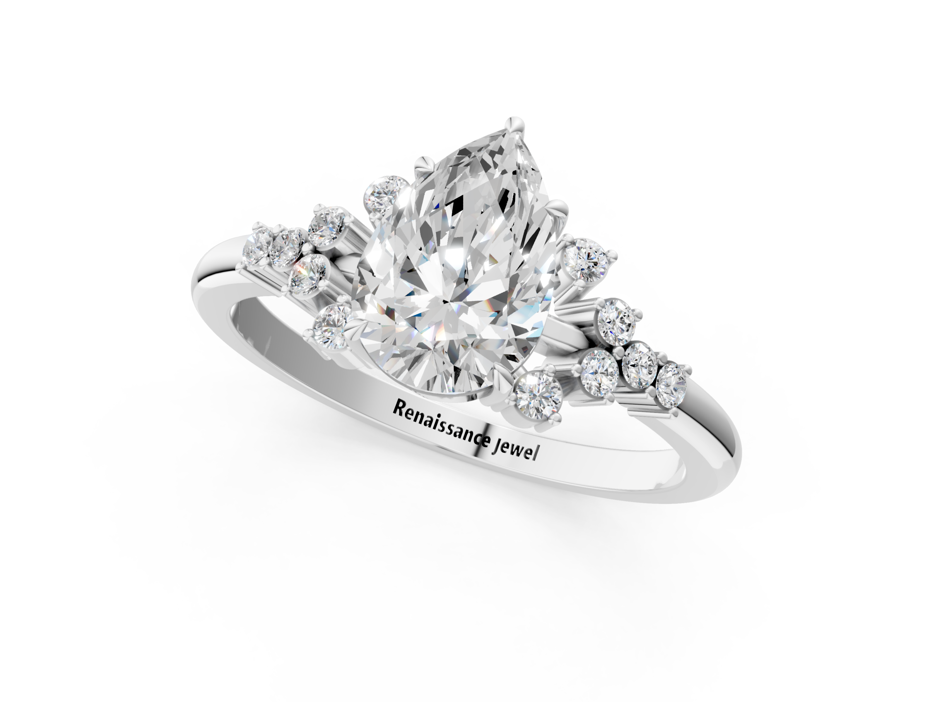 White gold Pear Cut Diamond Ring with Side Stones on a White Gold Band and Four-Prong Setting_21