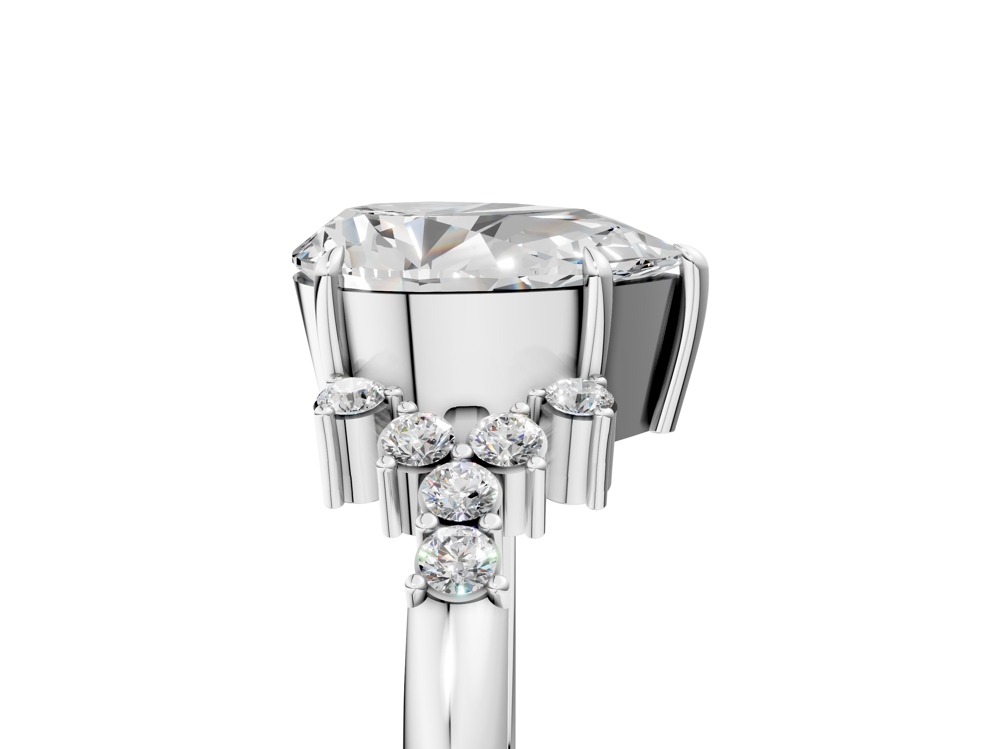 White gold Pear Cut Diamond Ring with Side Stones on a White Gold Band and Four-Prong Setting_25