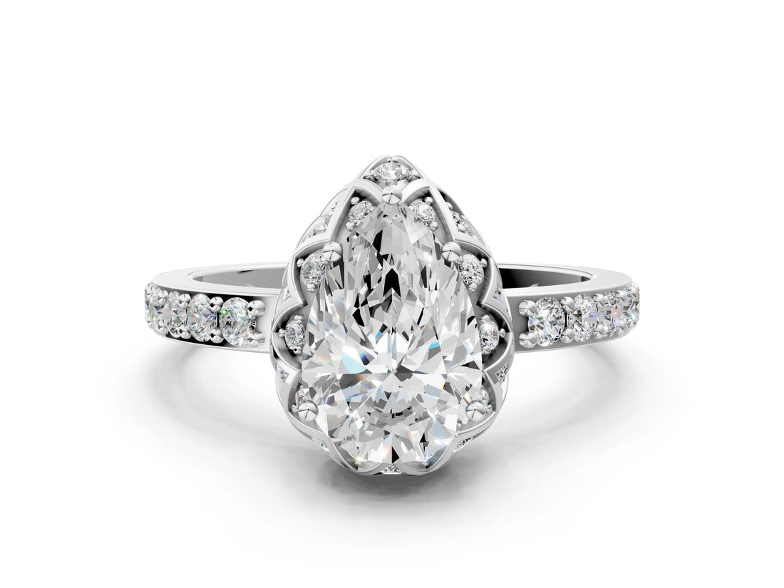 White gold Pear Cut Diamond Scalloped Halo Engagement Ring with Round Shared Prong Band_12