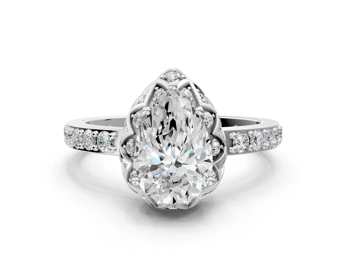 White gold Pear Cut Diamond Scalloped Halo Engagement Ring with Round Shared Prong Band_24