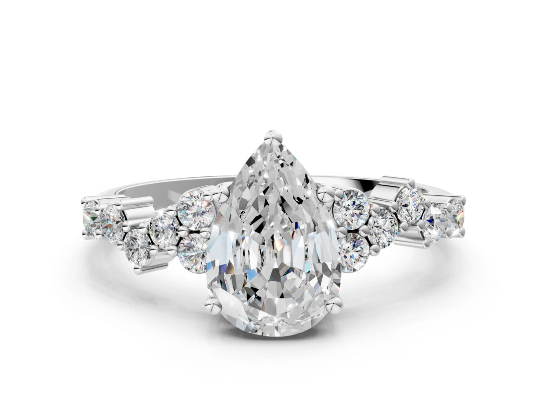 White gold Pear Cut Diamond Scattered Round Accent Ring with Prong Setting_18