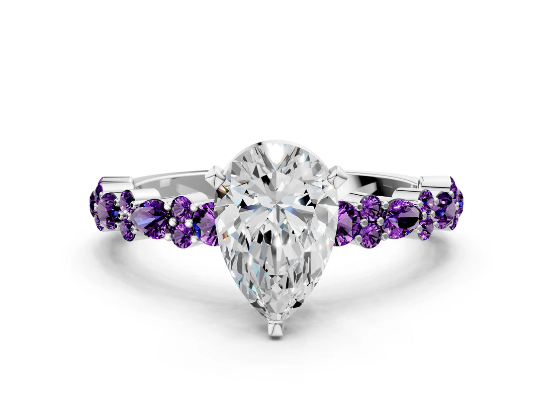 White gold Pear Cut Diamond Side Stone Solitaire Ring with Round with Amethyst side stone and Four-Prong Setting