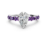 White gold Pear Cut Diamond Side Stone Solitaire Ring with Round with Amethyst side stone and Four-Prong Setting