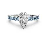 White gold Pear Cut Diamond Side Stone Solitaire Ring with Round with Aquamarine side stone and Four-Prong Setting