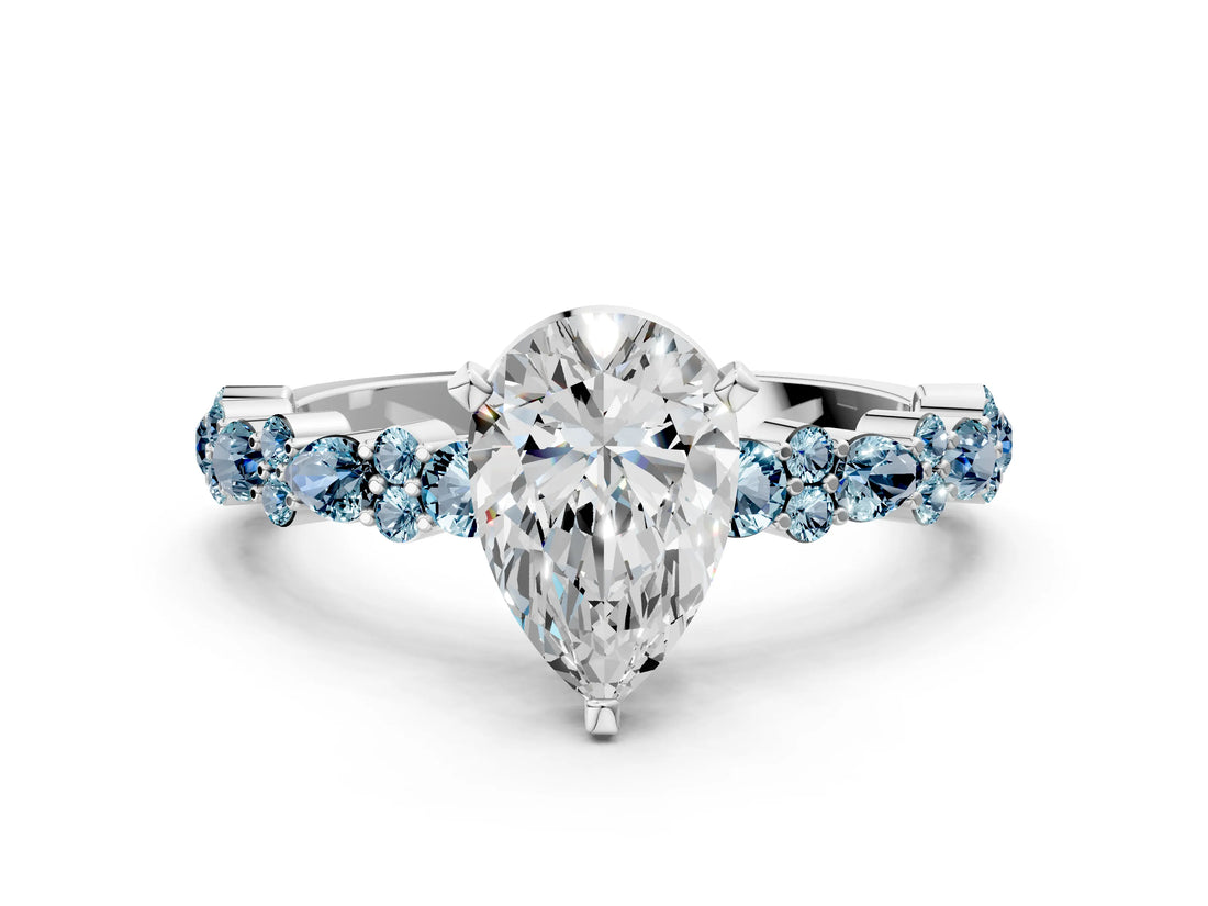 White gold Pear Cut Diamond Side Stone Solitaire Ring with Round with Aquamarine side stone and Four-Prong Setting_8