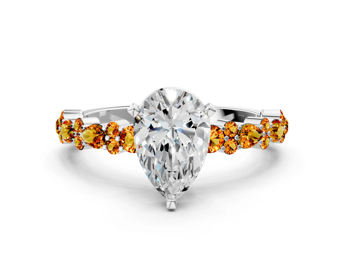White gold Pear Cut Diamond Side Stone Solitaire Ring with Round with Citrine side stone and Four-Prong Setting