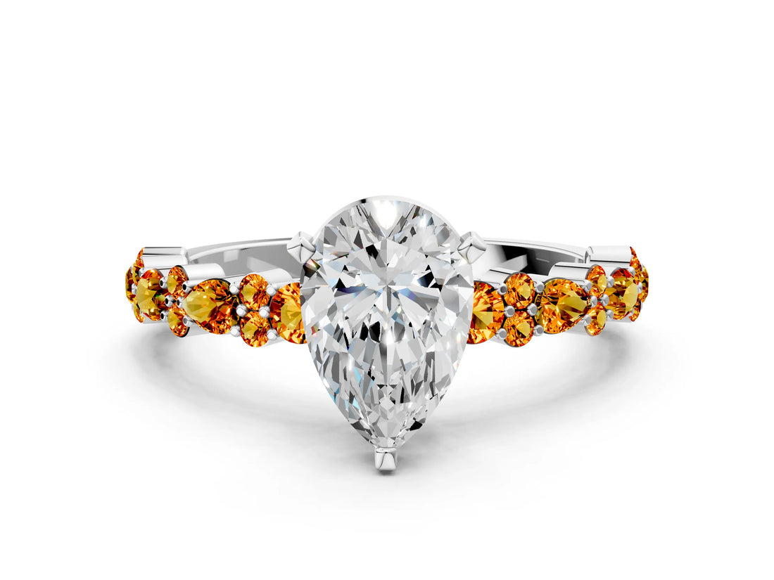 White gold Pear Cut Diamond Side Stone Solitaire Ring with Round with Citrine side stone and Four-Prong Setting_12