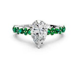 White gold Pear Cut Diamond Side Stone Solitaire Ring with Round with Emerald side stone and Four-Prong Setting