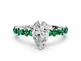 White gold Pear Cut Diamond Side Stone Solitaire Ring with Round with Emerald side stone and Four-Prong Setting