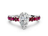 White gold Pear Cut Diamond Side Stone Solitaire Ring with Round with Garnet side stone and Four-Prong Setting