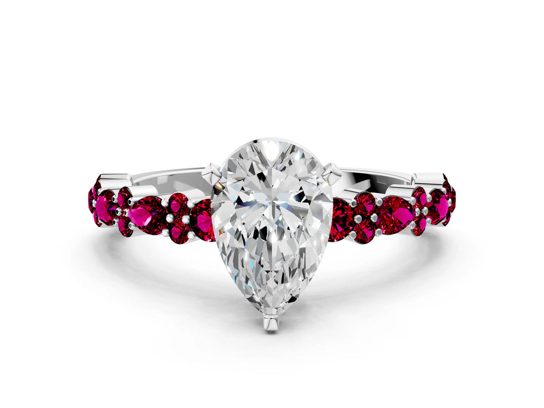 White gold Pear Cut Diamond Side Stone Solitaire Ring with Round with Garnet side stone and Four-Prong Setting_18