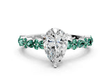 White gold Pear Cut Diamond Side Stone Solitaire Ring with Round with Green Sapphire side stone and Four-Prong Setting