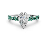White gold Pear Cut Diamond Side Stone Solitaire Ring with Round with Green Sapphire side stone and Four-Prong Setting