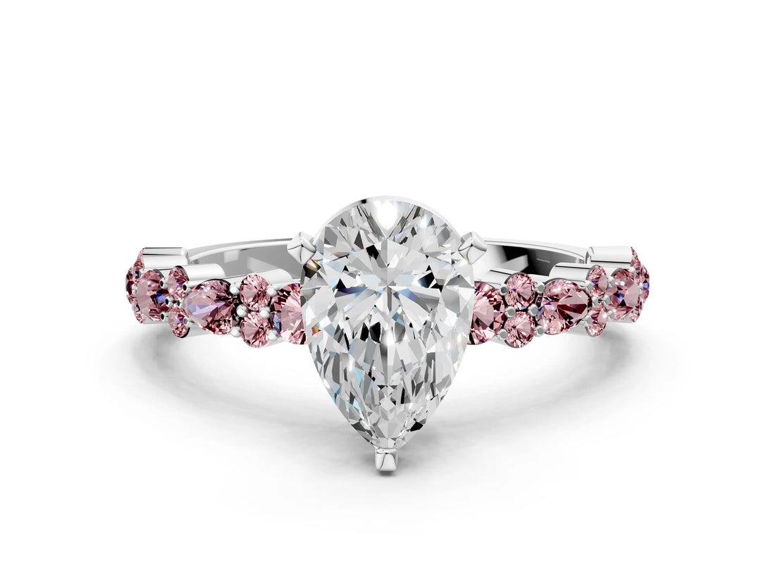 White gold Pear Cut Diamond Side Stone Solitaire Ring with Round with Morganite side stone and Four-Prong Setting