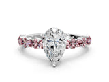 White gold Pear Cut Diamond Side Stone Solitaire Ring with Round with Morganite side stone and Four-Prong Setting
