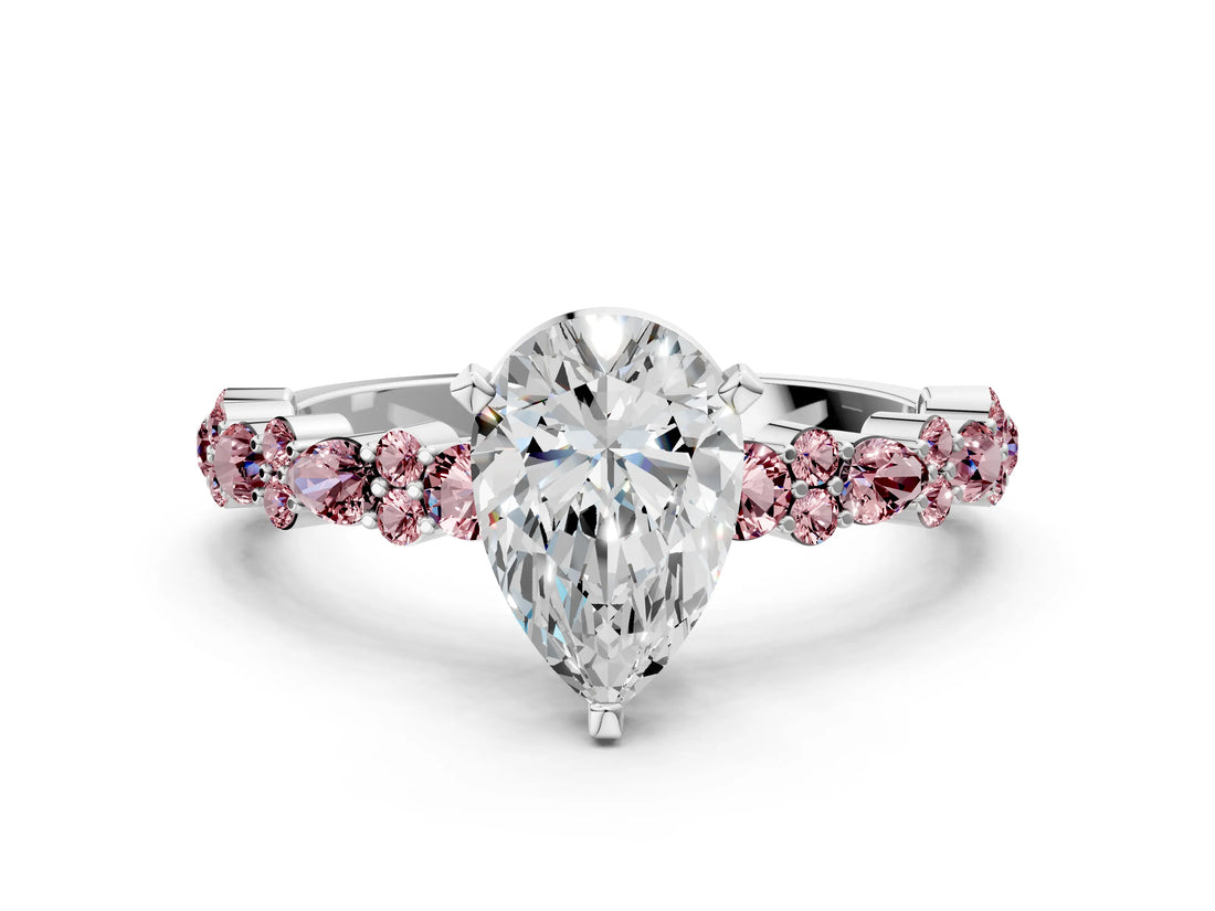 White gold Pear Cut Diamond Side Stone Solitaire Ring with Round with Morganite side stone and Four-Prong Setting_12
