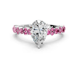 White gold Pear Cut Diamond Side Stone Solitaire Ring with Round with Pink Sapphire side stone and Four-Prong Setting