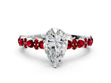 White gold Pear Cut Diamond Side Stone Solitaire Ring with Round with Ruby side stone and Four-Prong Setting