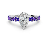 White gold Pear Cut Diamond Side Stone Solitaire Ring with Round with Tanzanite side stone and Four-Prong Setting