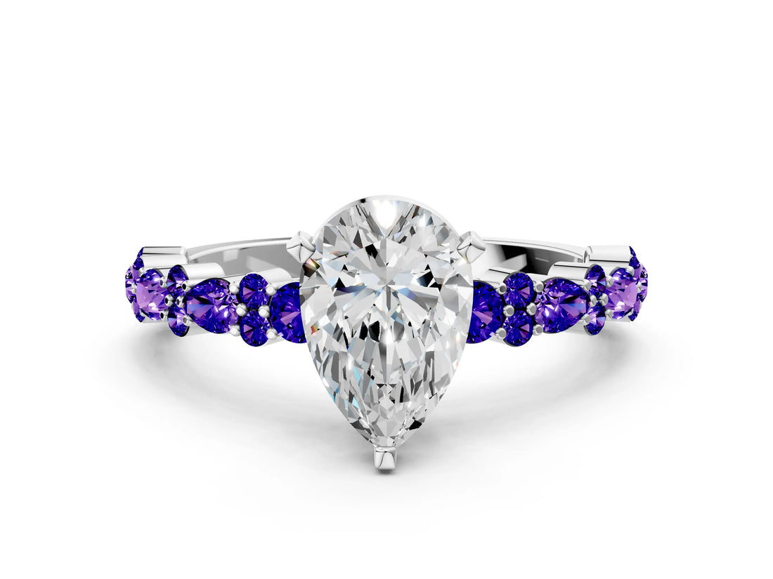White gold Pear Cut Diamond Side Stone Solitaire Ring with Round with Tanzanite side stone and Four-Prong Setting_6