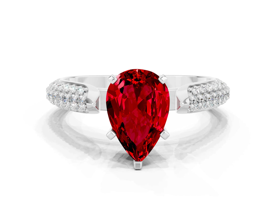 White gold Pear Cut Diamond Solitaire Engagement Ring with Pavé Band and Four-Prong Setting