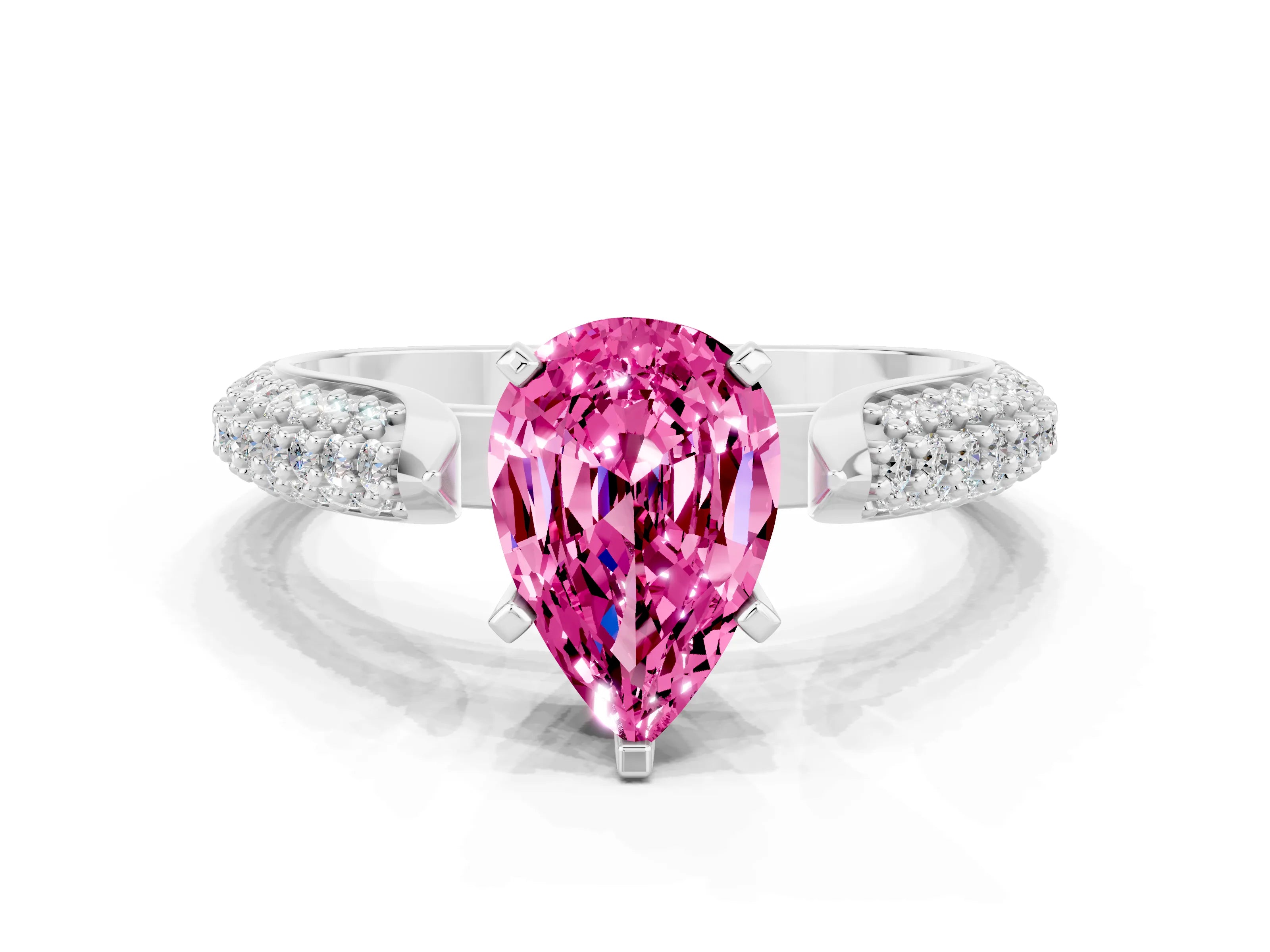 White gold Pear Cut Diamond Solitaire Engagement Ring with Pavé Band and Four-Prong Setting