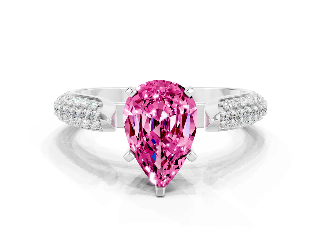 White gold Pear Cut Diamond Solitaire Engagement Ring with Pavé Band and Four-Prong Setting
