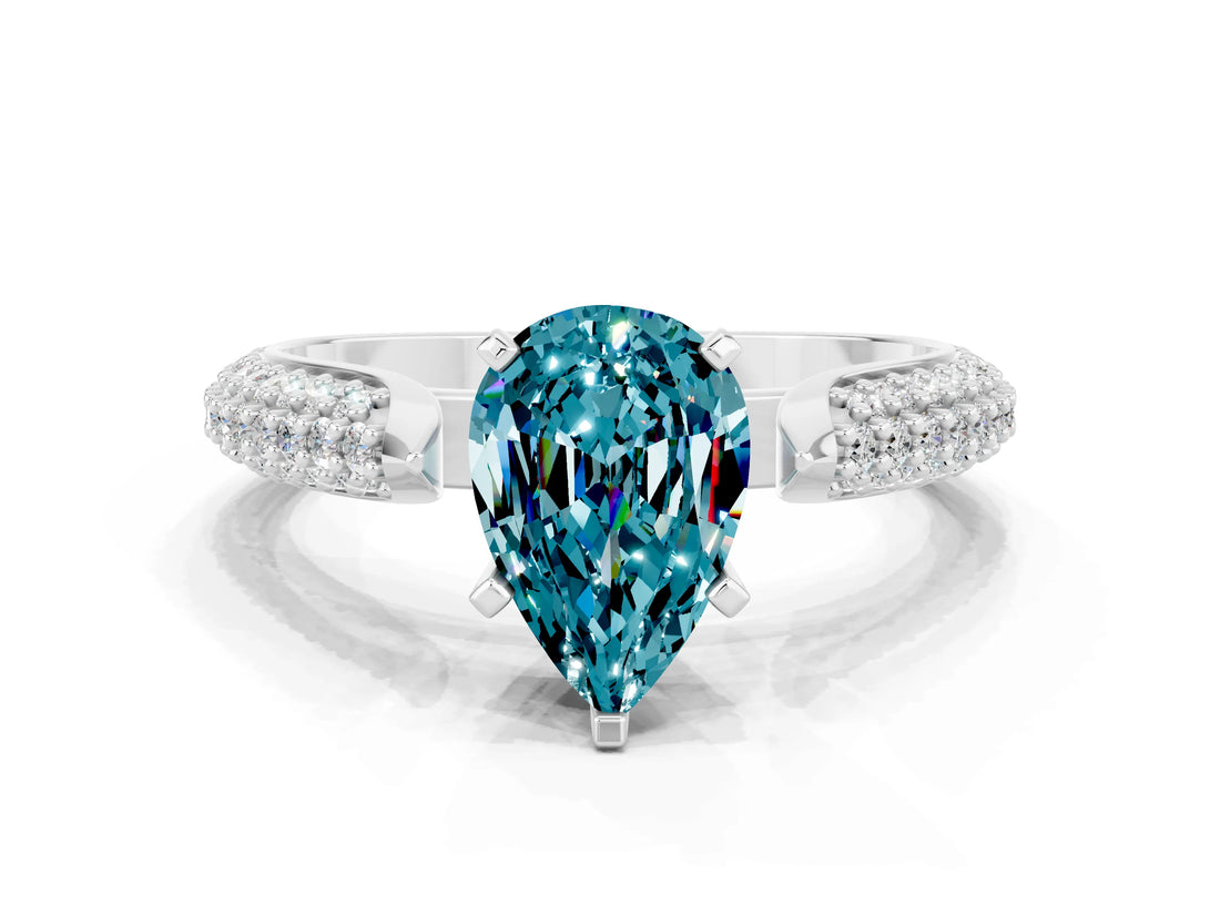 White gold Pear Cut Diamond Solitaire Engagement Ring with Pavé Band and Four-Prong Setting