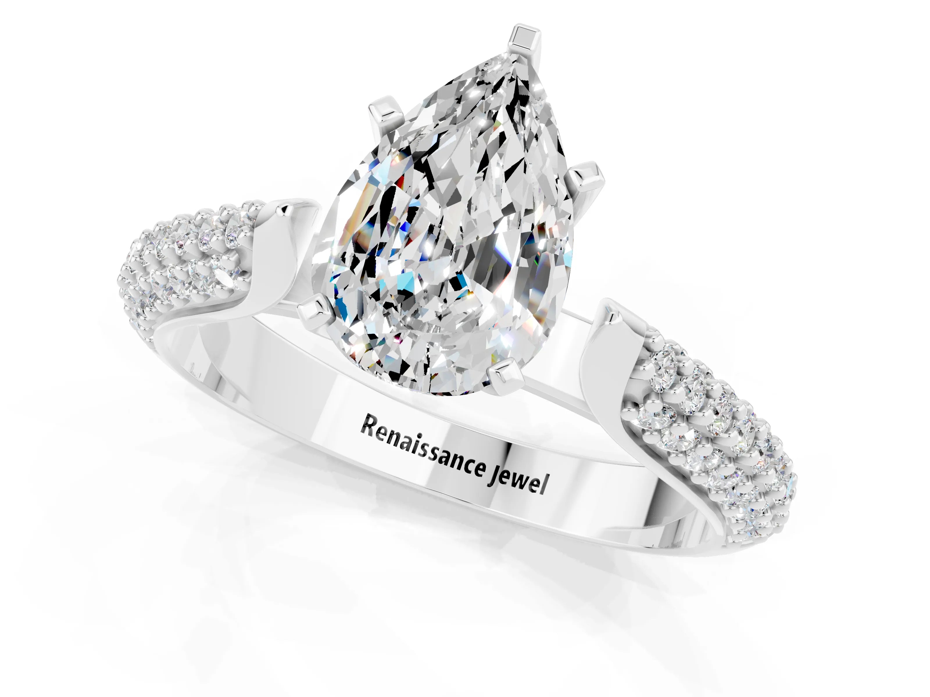 White gold Pear Cut Diamond Solitaire Engagement Ring with Pavé Band and Four-Prong Setting_1