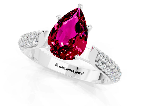 Silver Pear Cut Garnet Solitaire Engagement Ring with Multi-Row Round Pavé Band and Prong Setting
