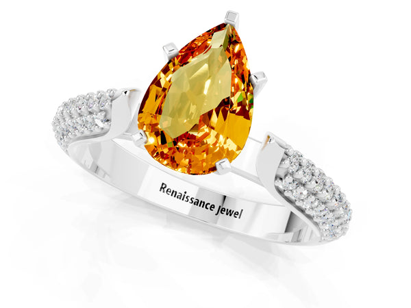 Platinum Pear Cut Citrine Solitaire Engagement Ring with Multi-Row Round Pavé Band and Prong Setting
