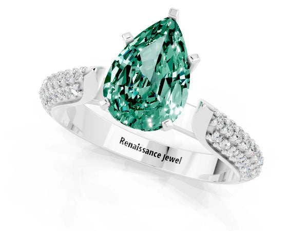 Platinum Pear Cut Green Sapphire Solitaire Engagement Ring with Multi-Row Round Pavé Band and Prong Setting