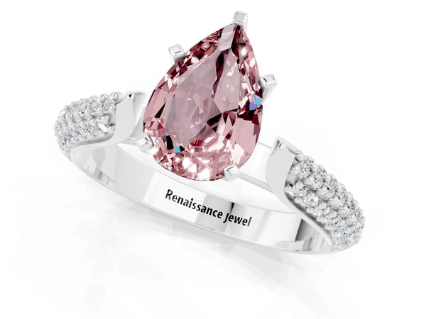 Platinum Pear Cut Diamond Solitaire Engagement Ring with Pavé Band and Four-Prong Setting